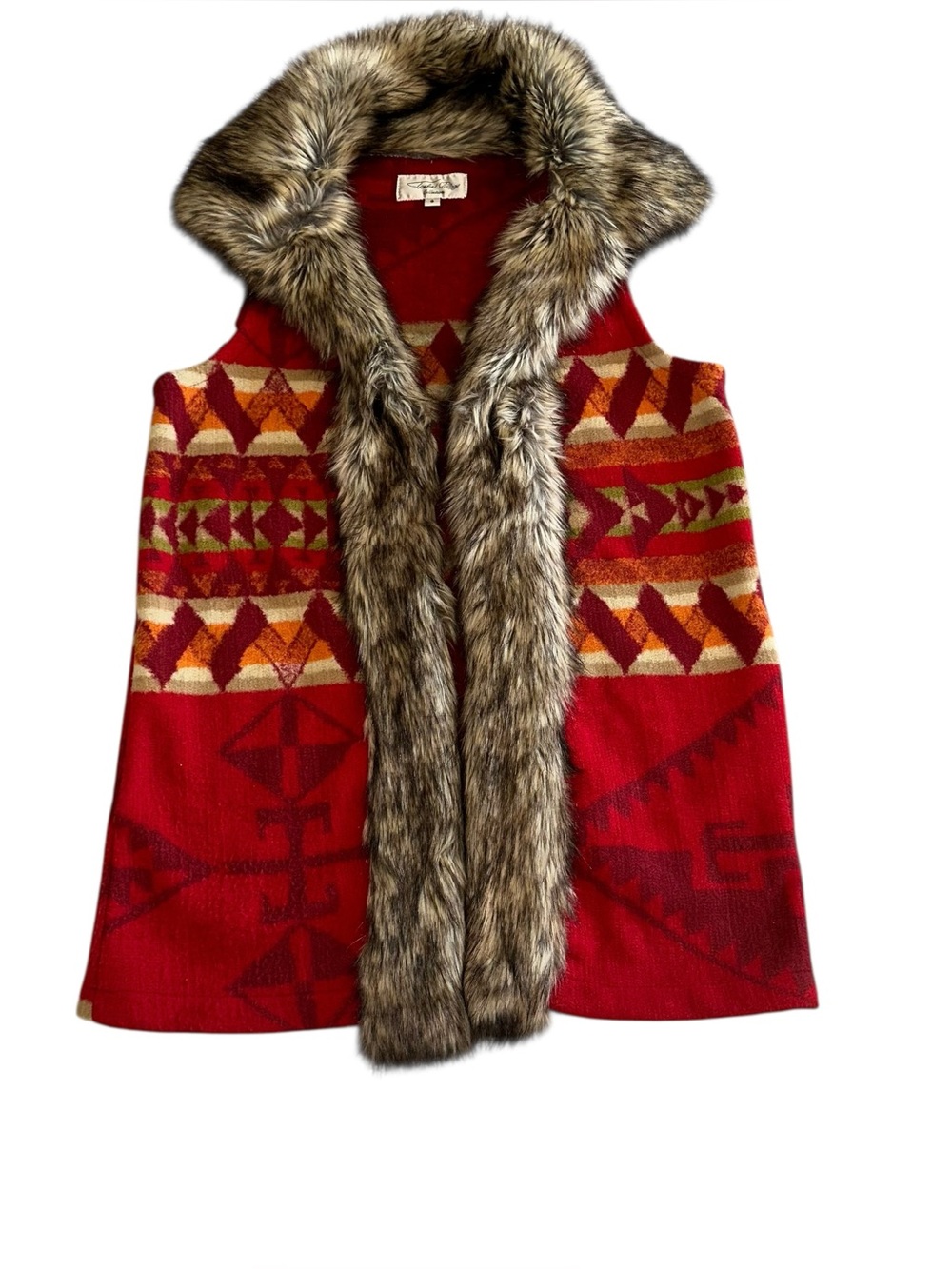 TASHA POLIZZI red aztec faux fur vest